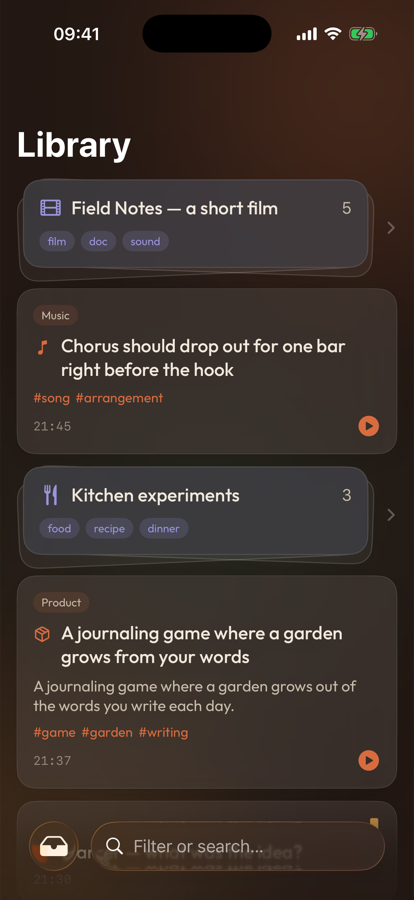 The Library: loose ideas alongside project cards that gathered related captures together.